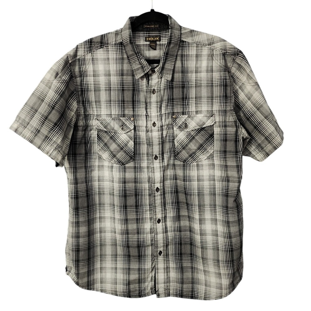 Helix Mens Short Sleeve Button Down Shirt Black White Plaid Athletic Fit XXL